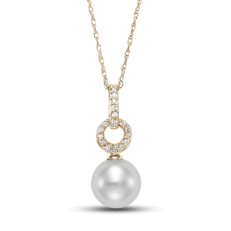 White Freshwater Pearl Diamond Drop Round Bail Pendant Necklace in Yellow Gold
