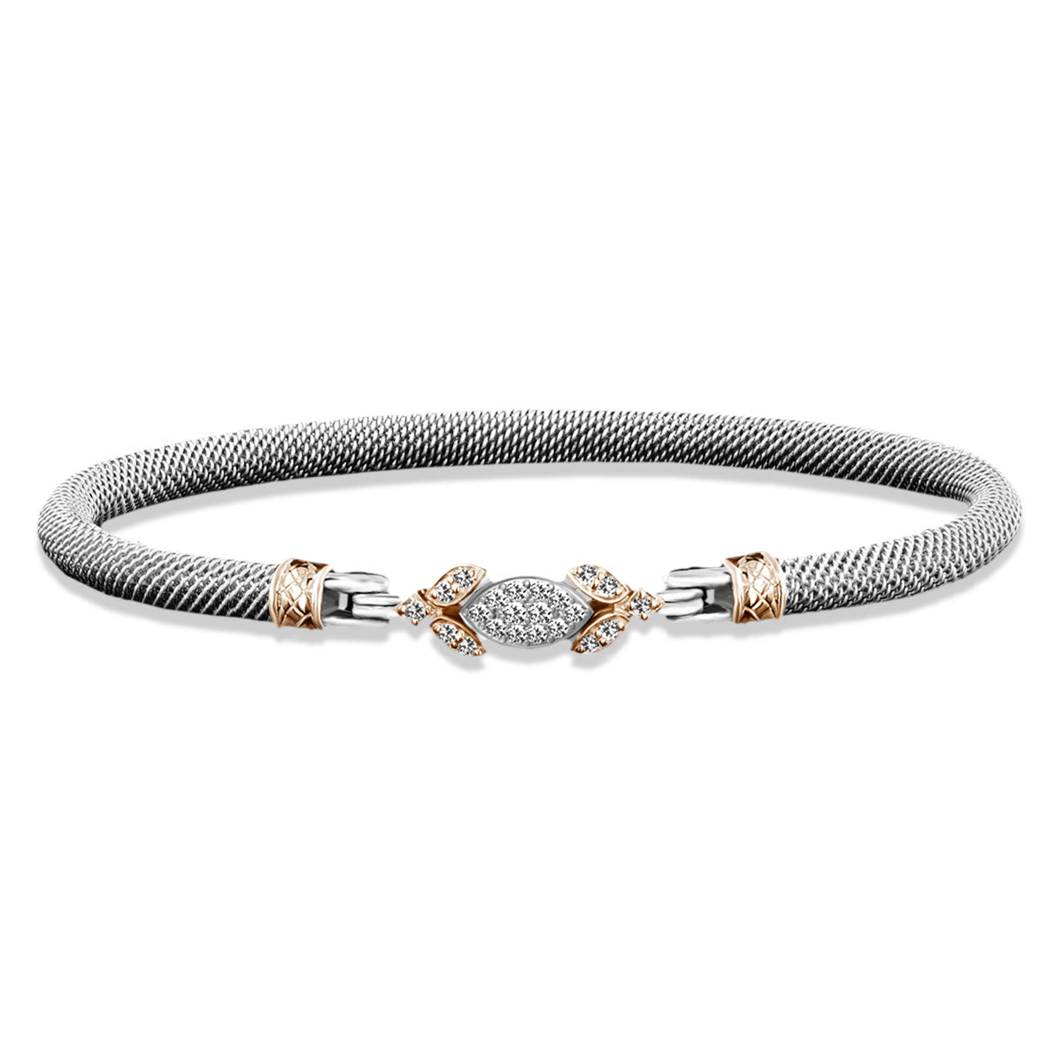 Milanese Mesh Two-Tone Bangle Bracelet with Lab-Grown Diamond Marquise Cluster and Gold Leaf Accents in Sterling Silver and Yellow Gold, 0.40 cttw