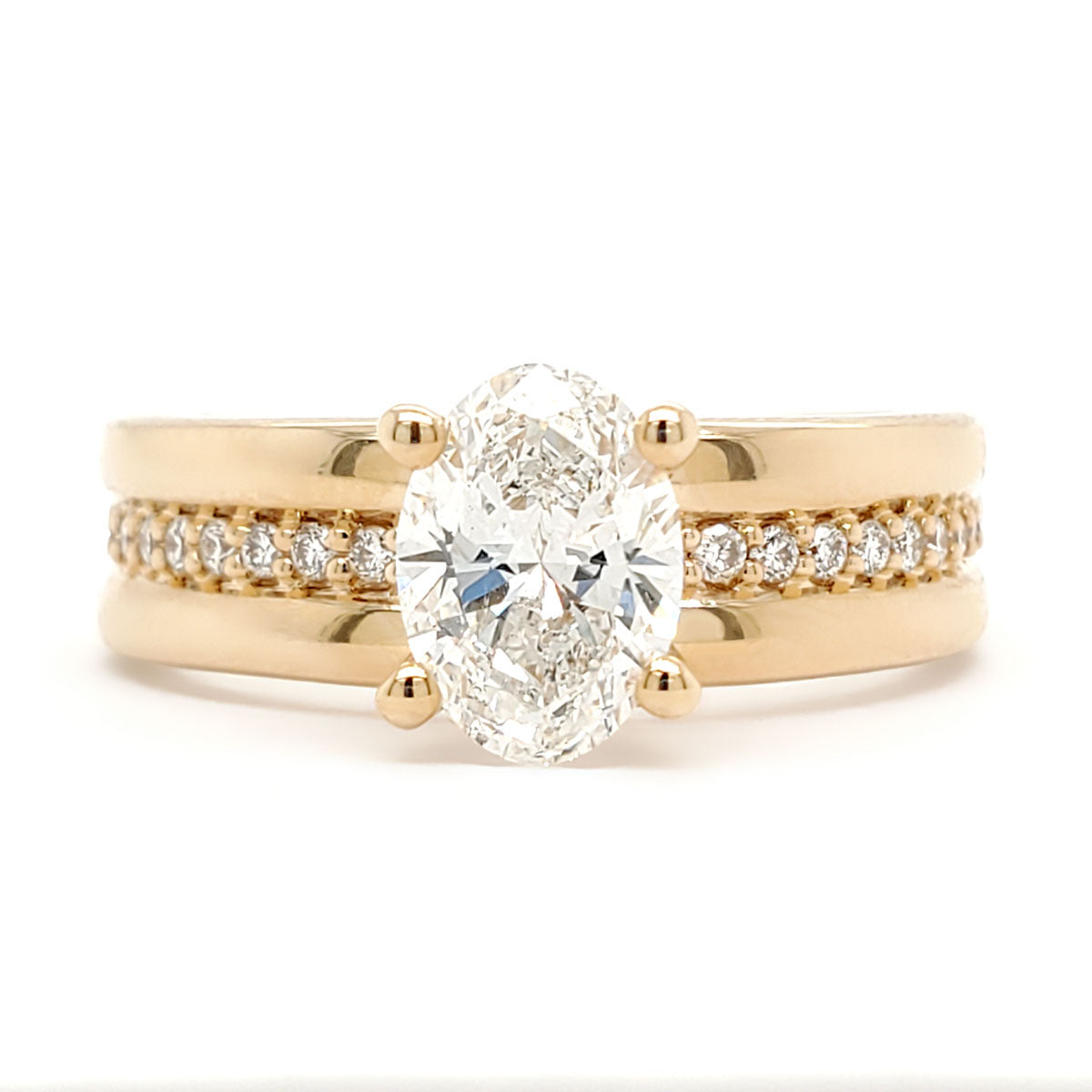 Lab-Created Oval Cut Diamond Thick Band Pave Engagement Ring in Yellow Gold, 1.16 cttw