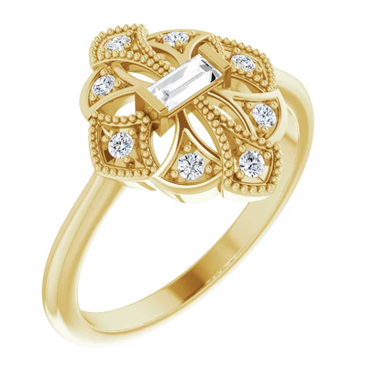 Vintage-Inspired Scalloped Section Diamond Milgrain Ring in Yellow Gold, 0.20 cttw
