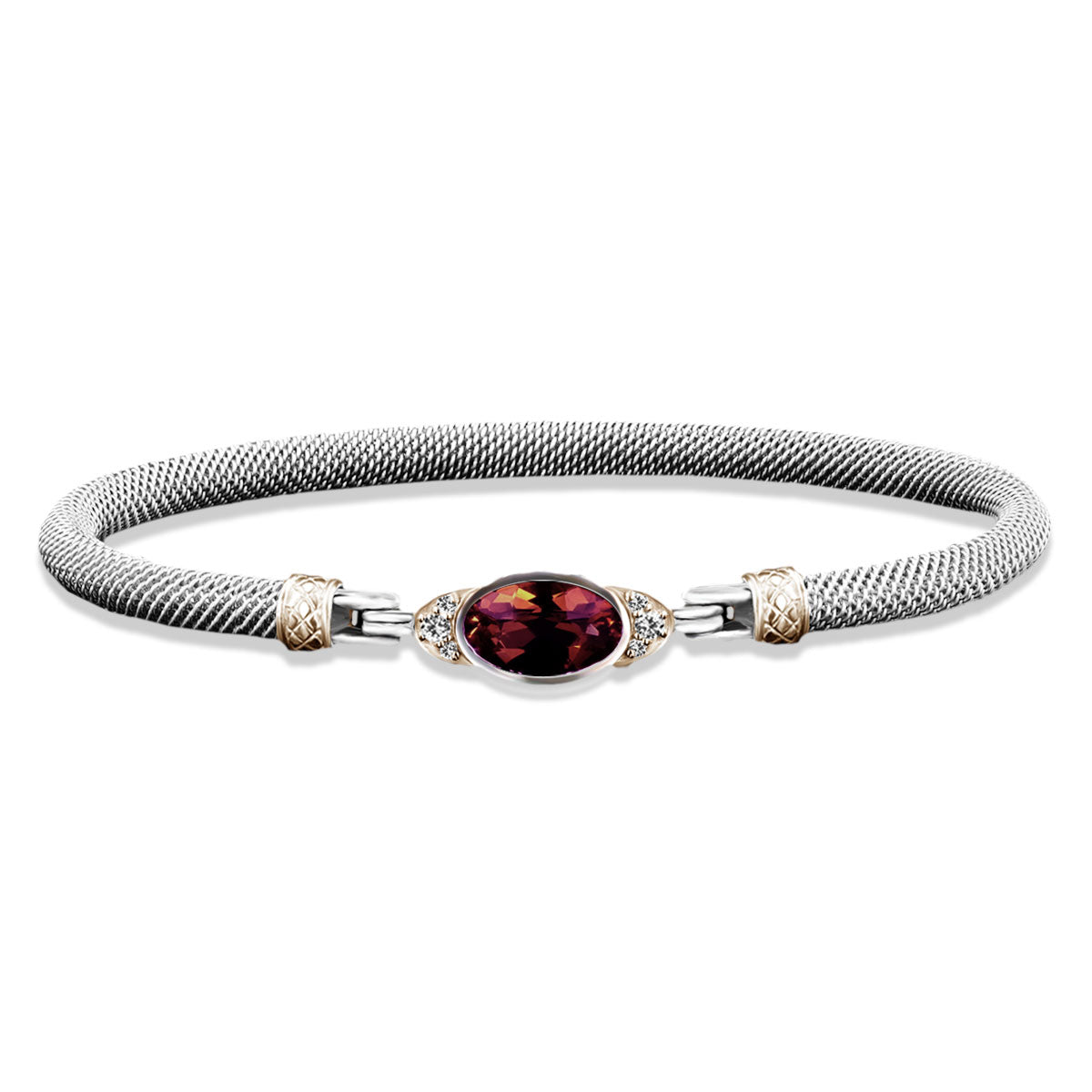 Milanese Mesh Bangle Bracelet with Oval Bezel Set Garnet and Lab-Grown Diamonds in Sterling Silver and Yellow Gold, 0.1 cttw