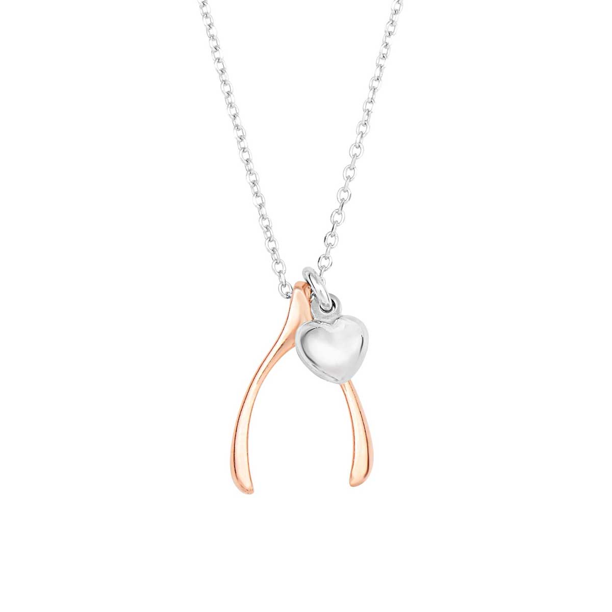 Rose Gold Plated Sterling Silver Wishbone and Heart Pendant Necklace