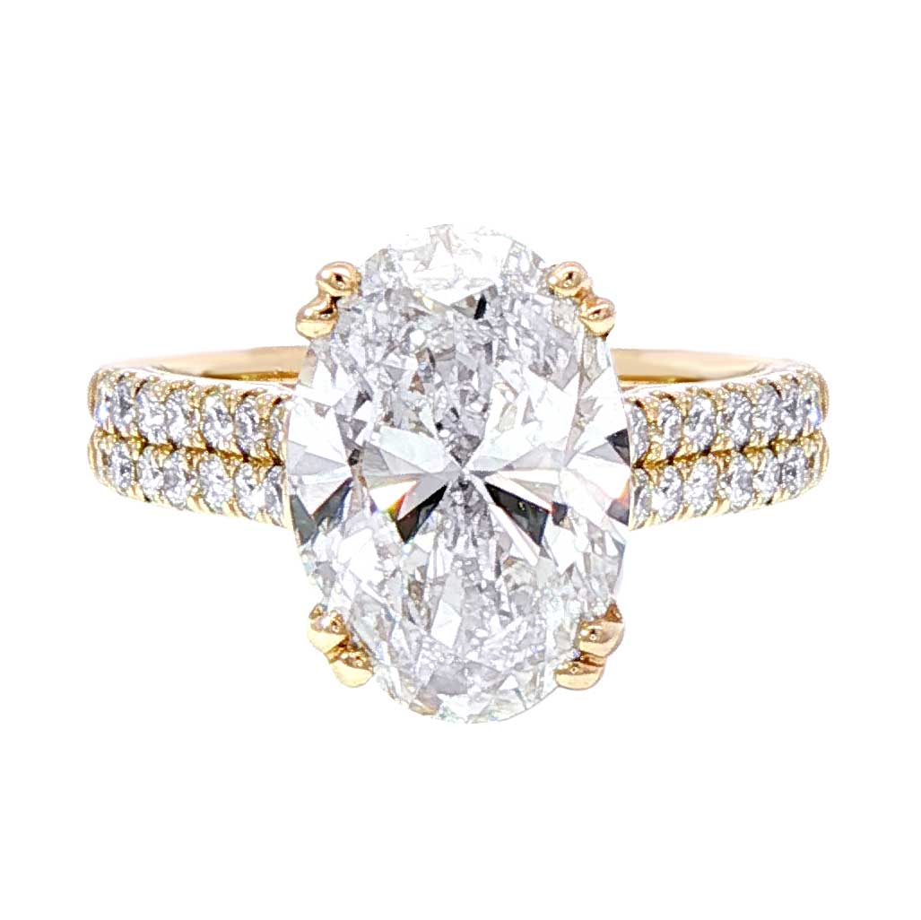 Oval Diamond Double Pave Band Engagement Ring in Yellow Gold, 3.34 cttw