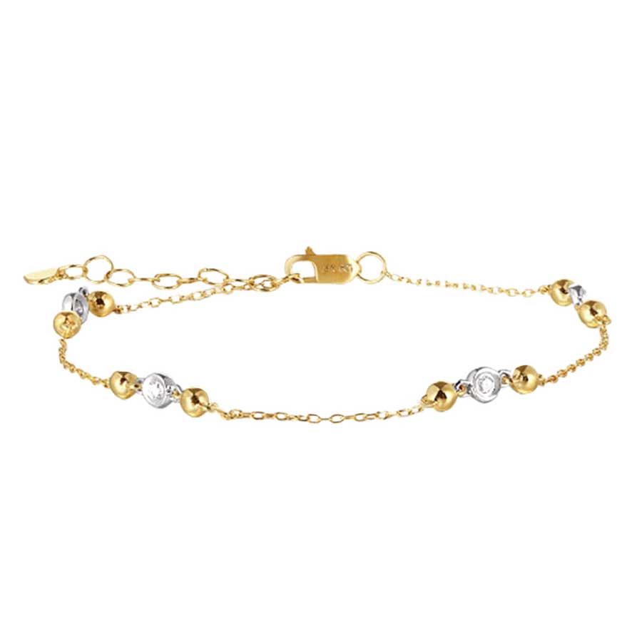 Round Bezel Set Diamond Beaded Station Bracelet in Yellow and White Gold, 0.10 cttw