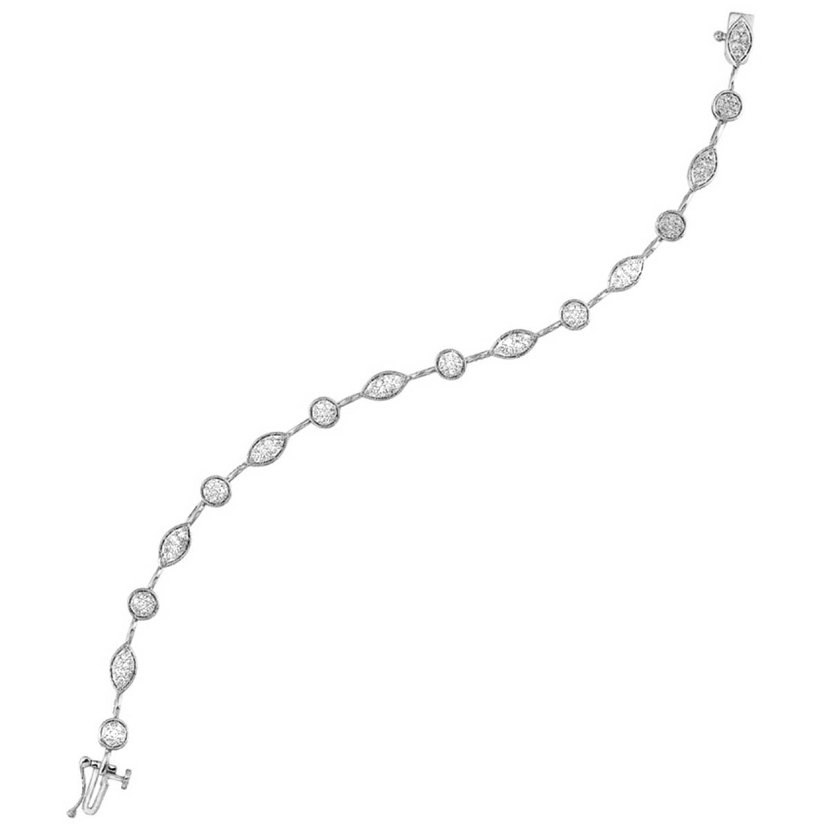 Round and Marquise Pave Diamond Station Tennis Bracelet in White Gold, 1.0 cttw