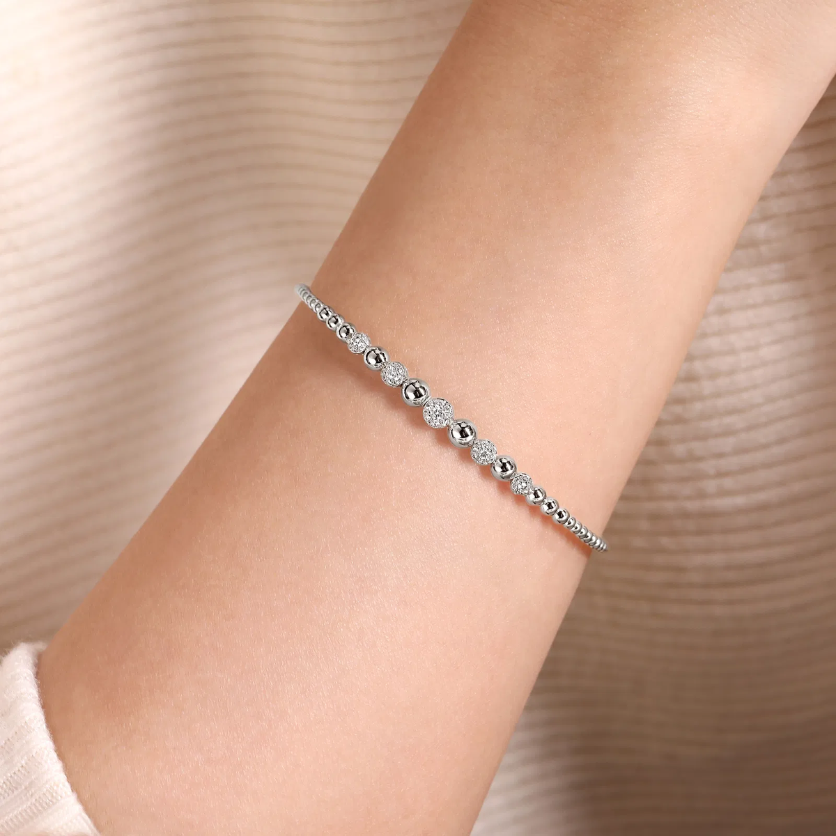 Bujukan Bead Cuff Bracelet with Pave Diamond Stations