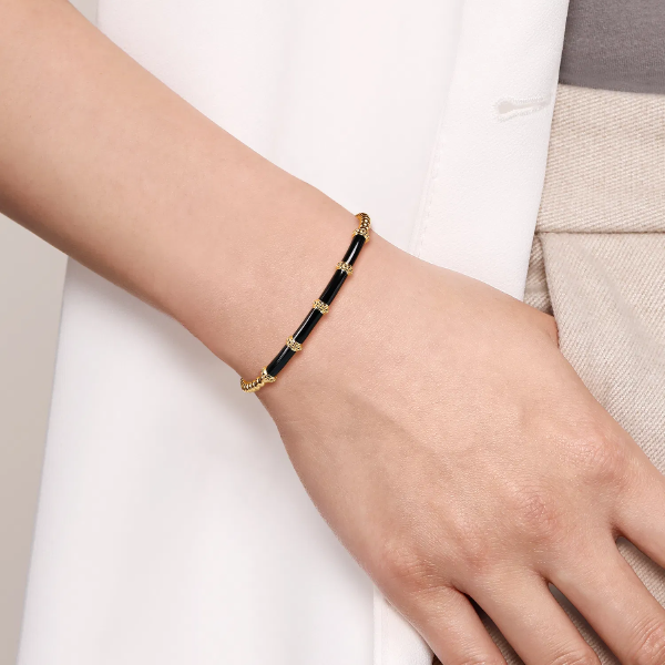 Beaded Bangle Bracelet Cuff With Black Enamel
