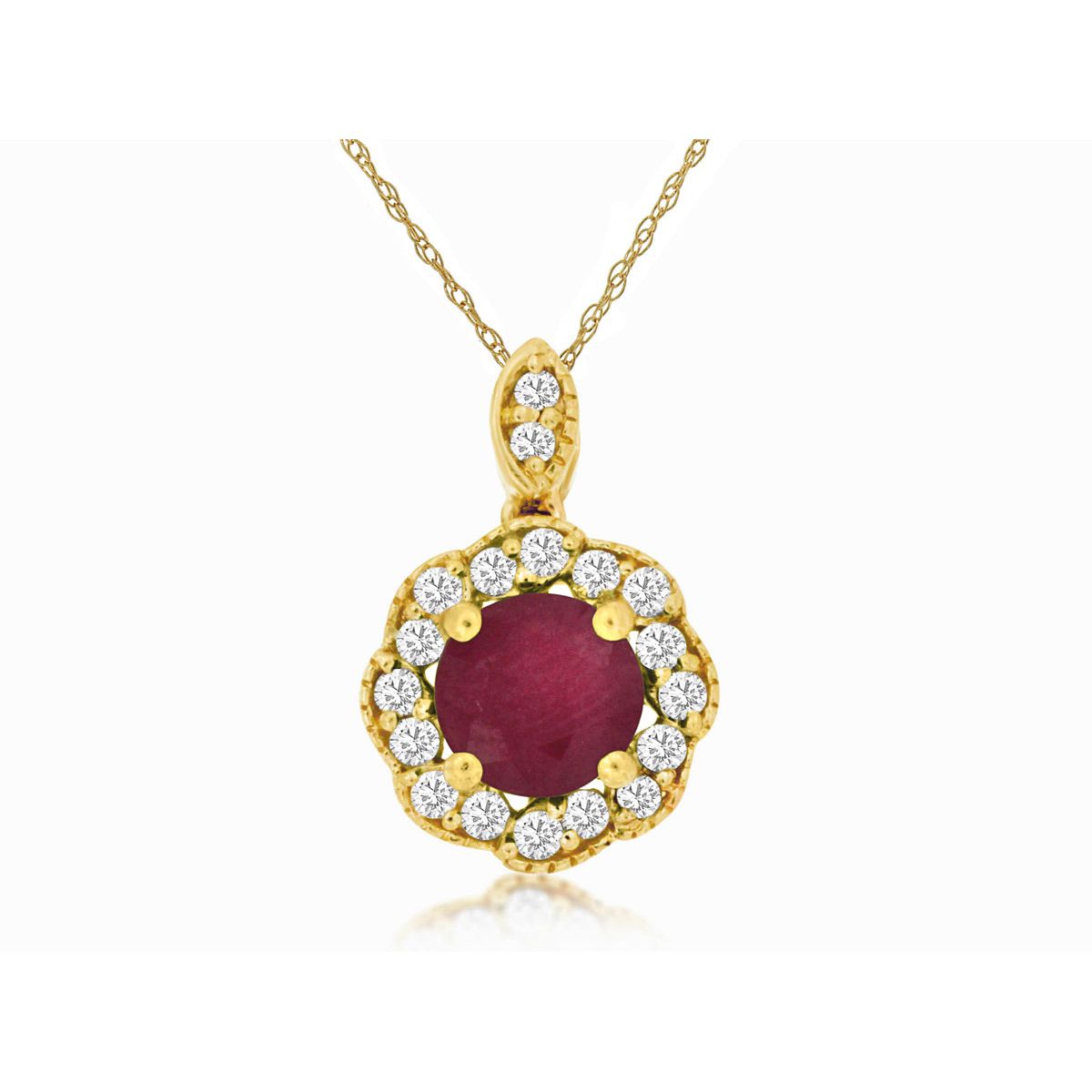 Round Ruby and Diamond Halo Pendant in 14k Yellow Gold