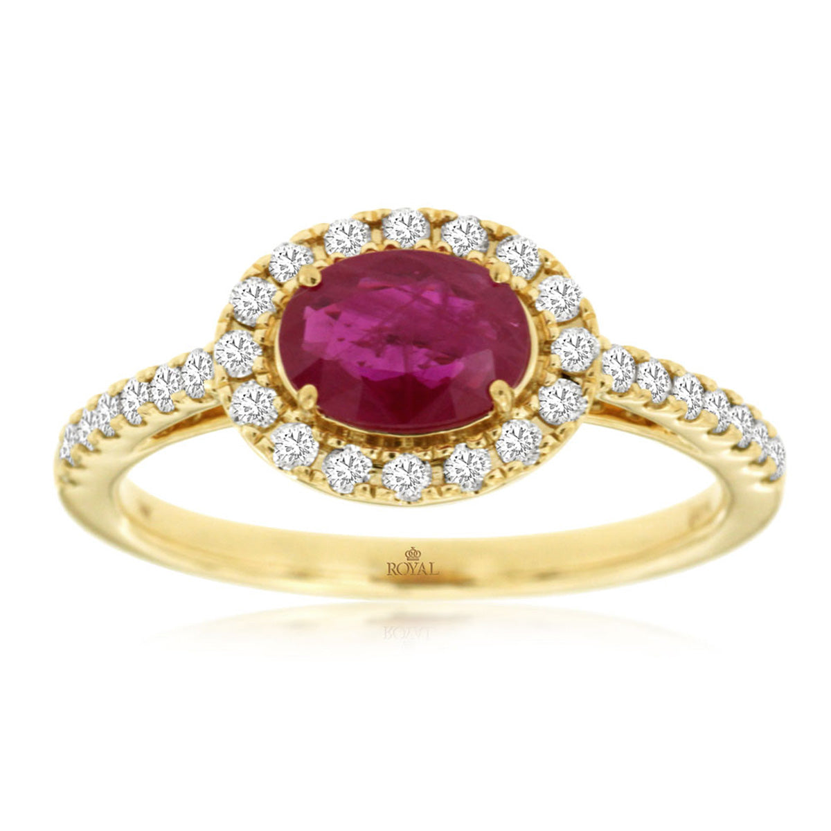 Oval Ruby and Diamond Pave Halo Cathedral Ring in Yellow Gold