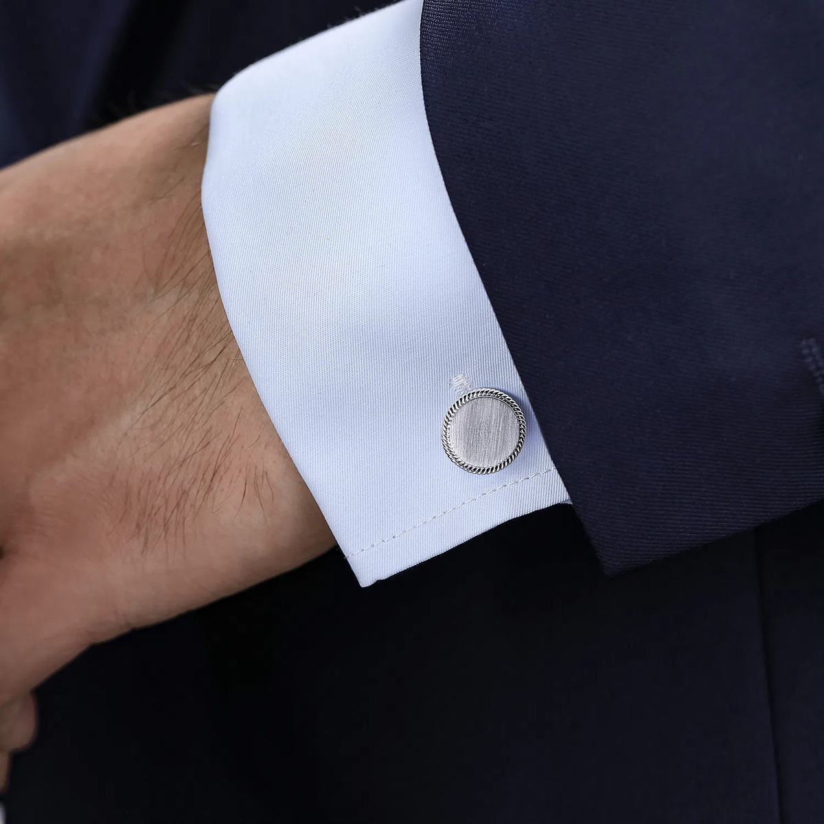 Sterling Silver Round Cufflinks with Twisted Rope Trim