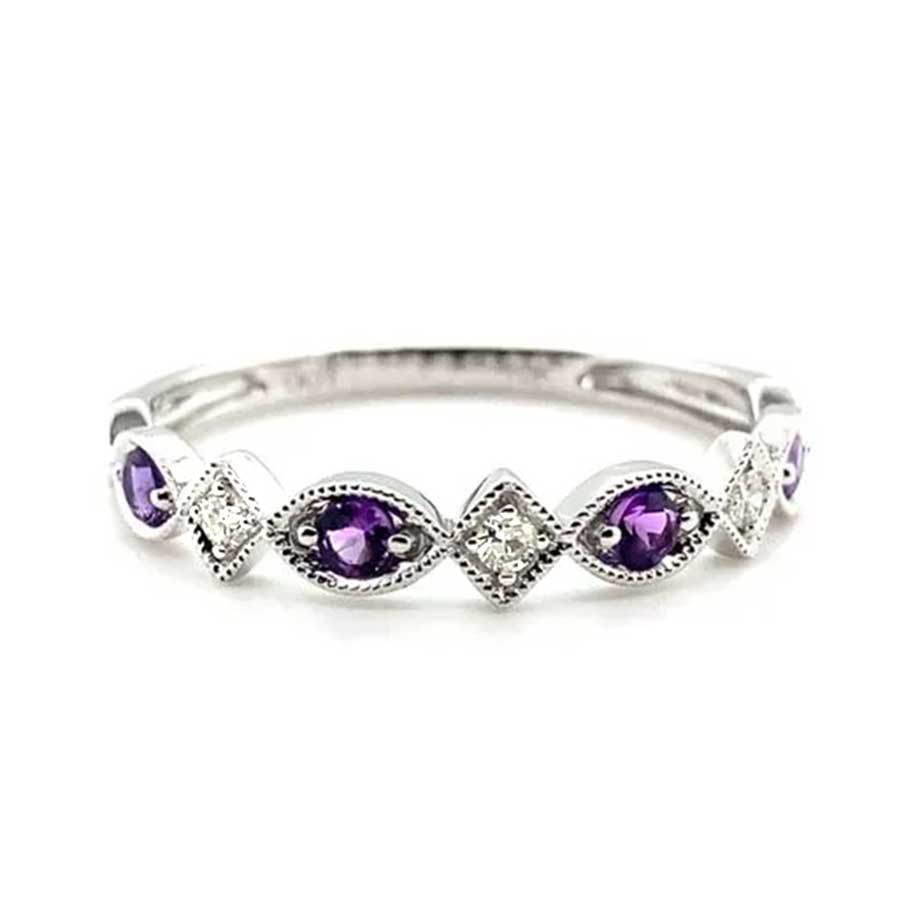 Stackable Round Amethyst and Diamond Ring Band in 10k White Gold
