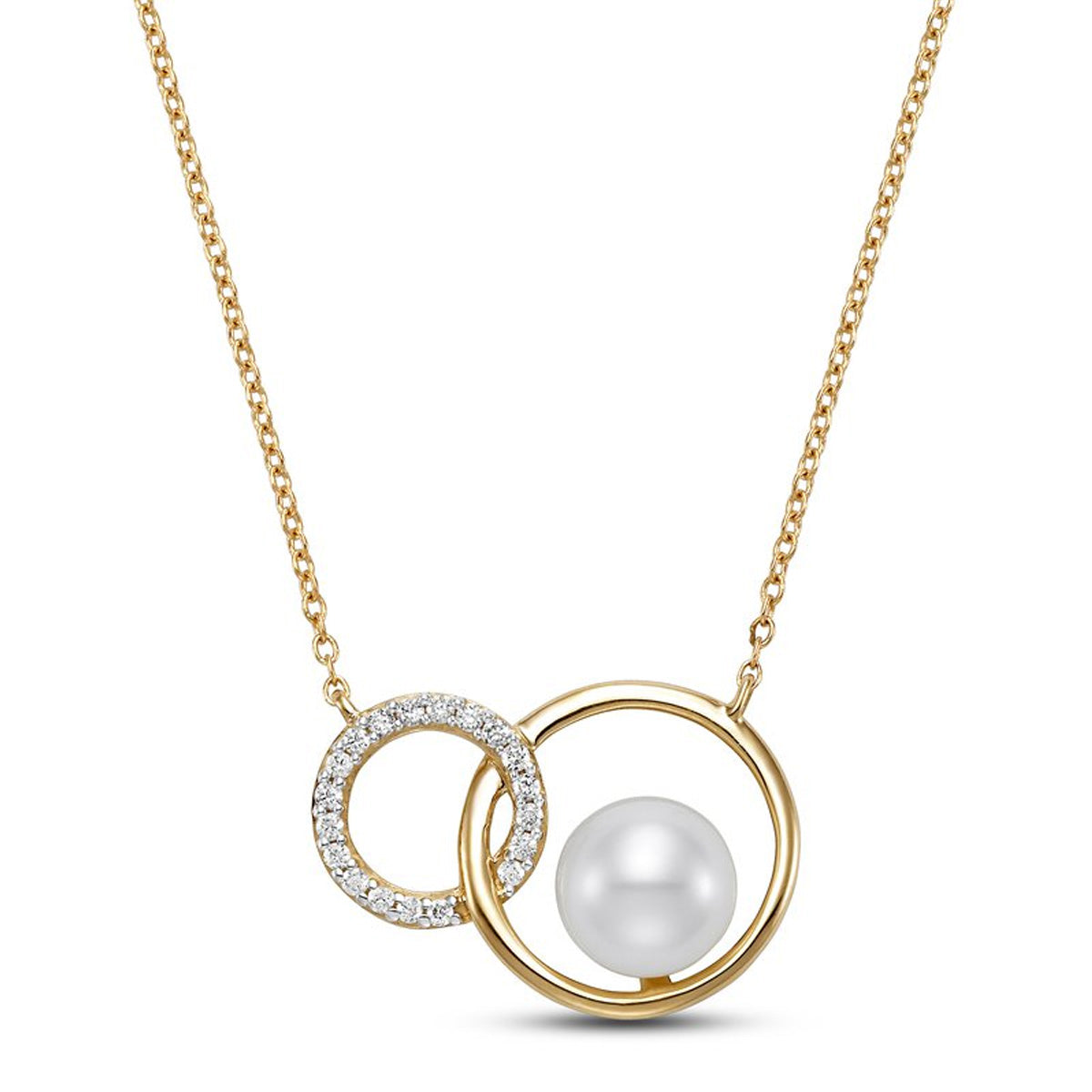 Freshwater Pearl and Diamond Pave Interlocking Circle Station Necklace in Yellow Gold