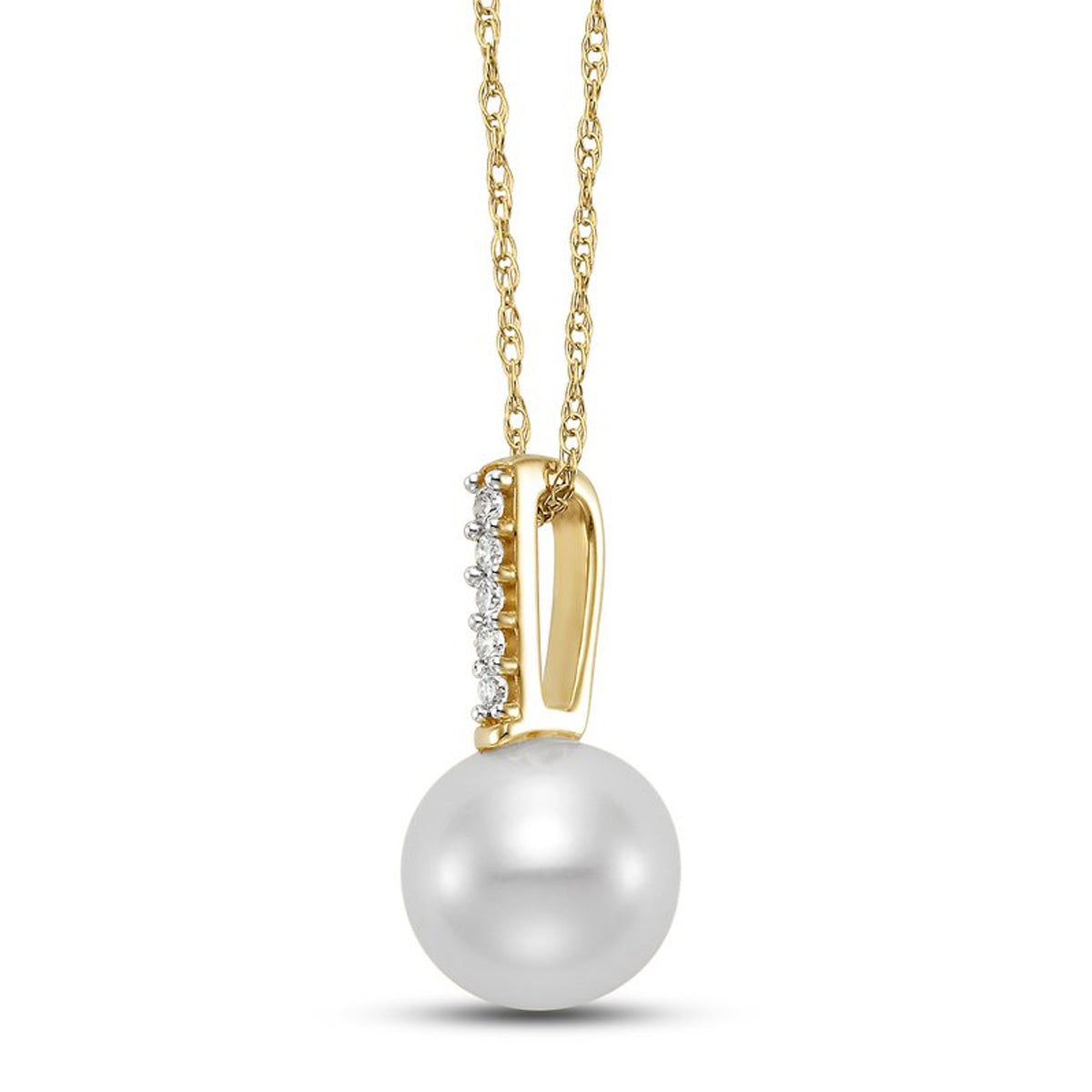 White Freshwater Pearl and Diamond Infinity Pendant Necklace in Yellow Gold