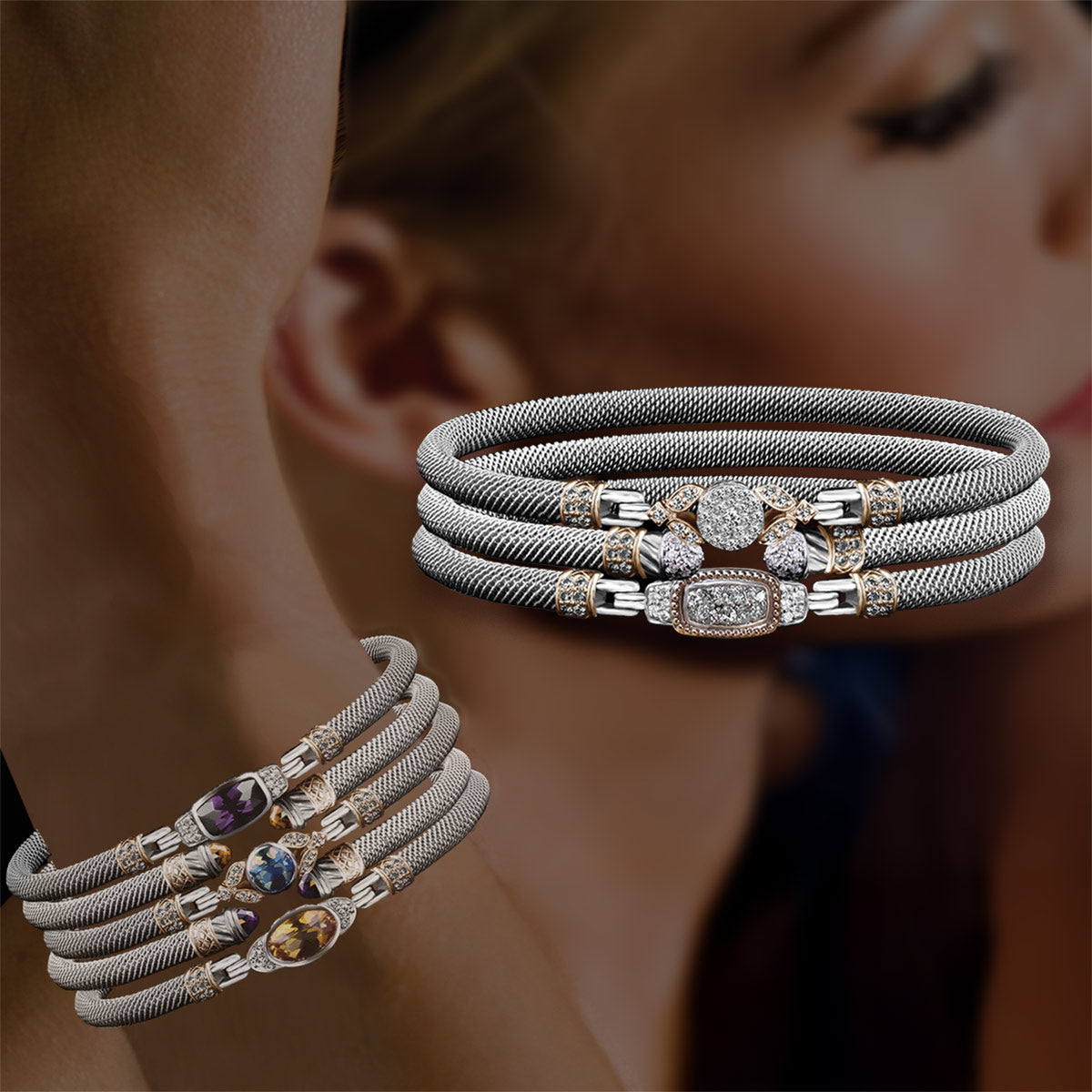 Milanese Mesh Bangle Bracelet with Cushion Cut Pink Sapphire and Lab-Grown Diamonds in Sterling Silver and Yellow Gold, 0.10 cttw