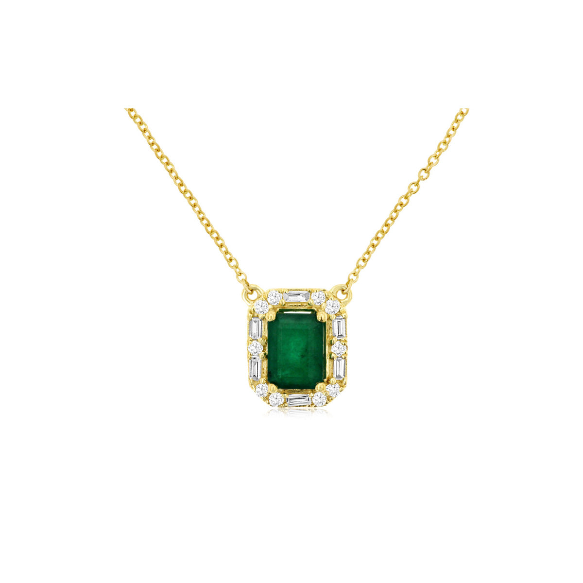 Art Deco Inspired Emerald and Diamond Halo Stationary Pendant Necklace in Yellow Gold