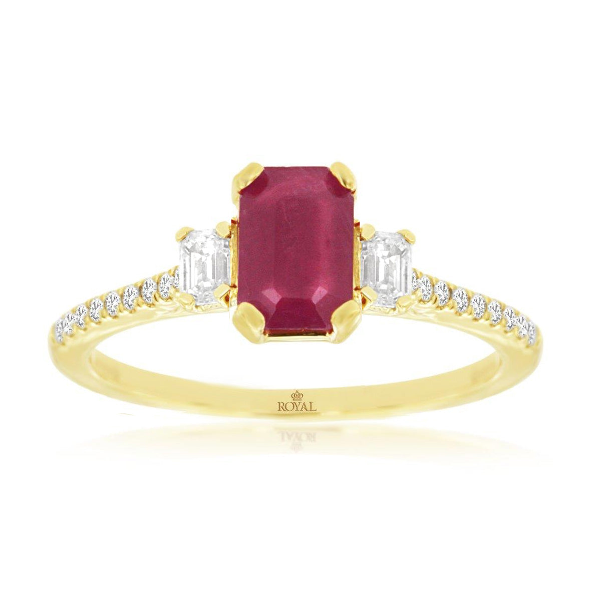 Emerald-Cut Ruby and Diamond Pave Cathedral Ring in Yellow Gold