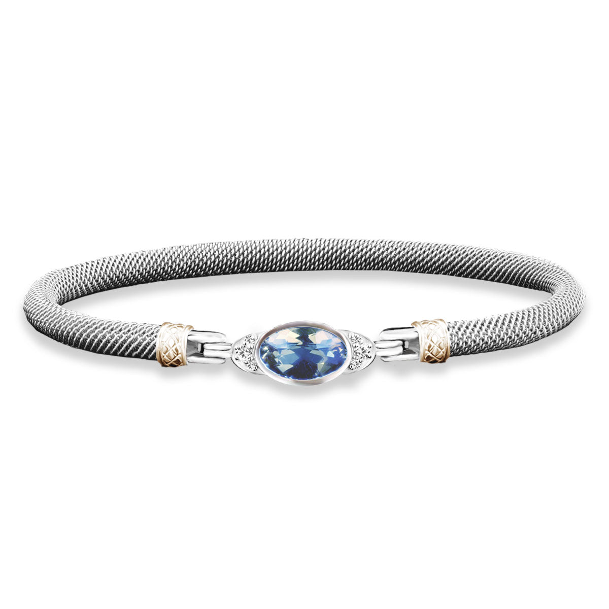 Milanese Mesh Bangle Bracelet with Oval Bezel Set Swiss Blue Topaz and Lab-Grown Diamonds in Sterling Silver and Yellow Gold, 0.1 cttw