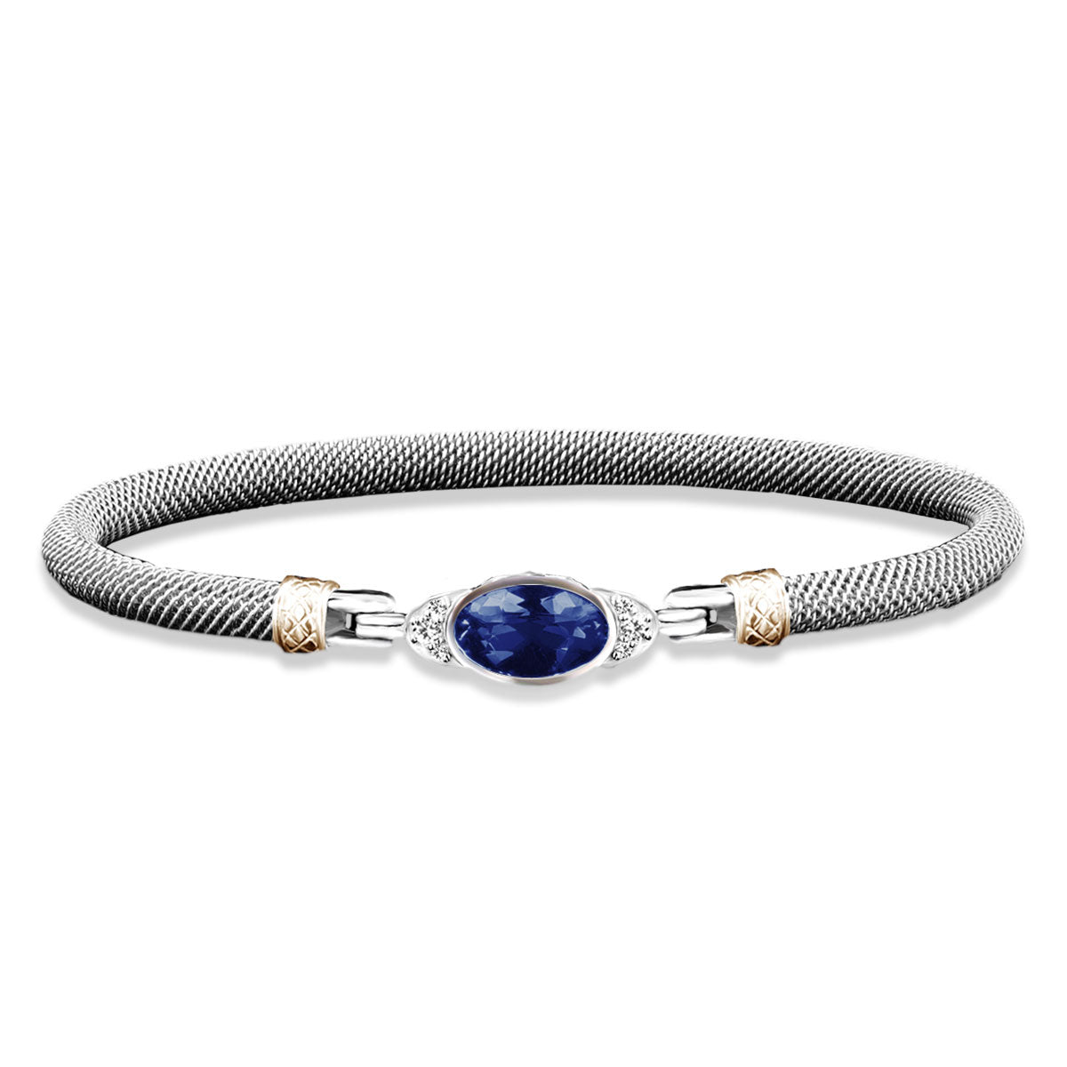 Milanese Mesh Bangle Bracelet with Oval Bezel Set Blue Sapphire and Lab-Grown Diamonds in Sterling Silver and Yellow Gold, 0.1 cttw