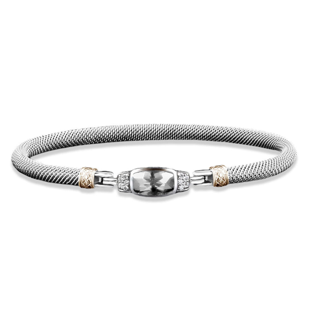 Milanese Mesh Bangle Bracelet with Cushion Cut White Topaz and Lab-Grown Diamonds in Sterling Silver and Yellow Gold, 0.10 cttw