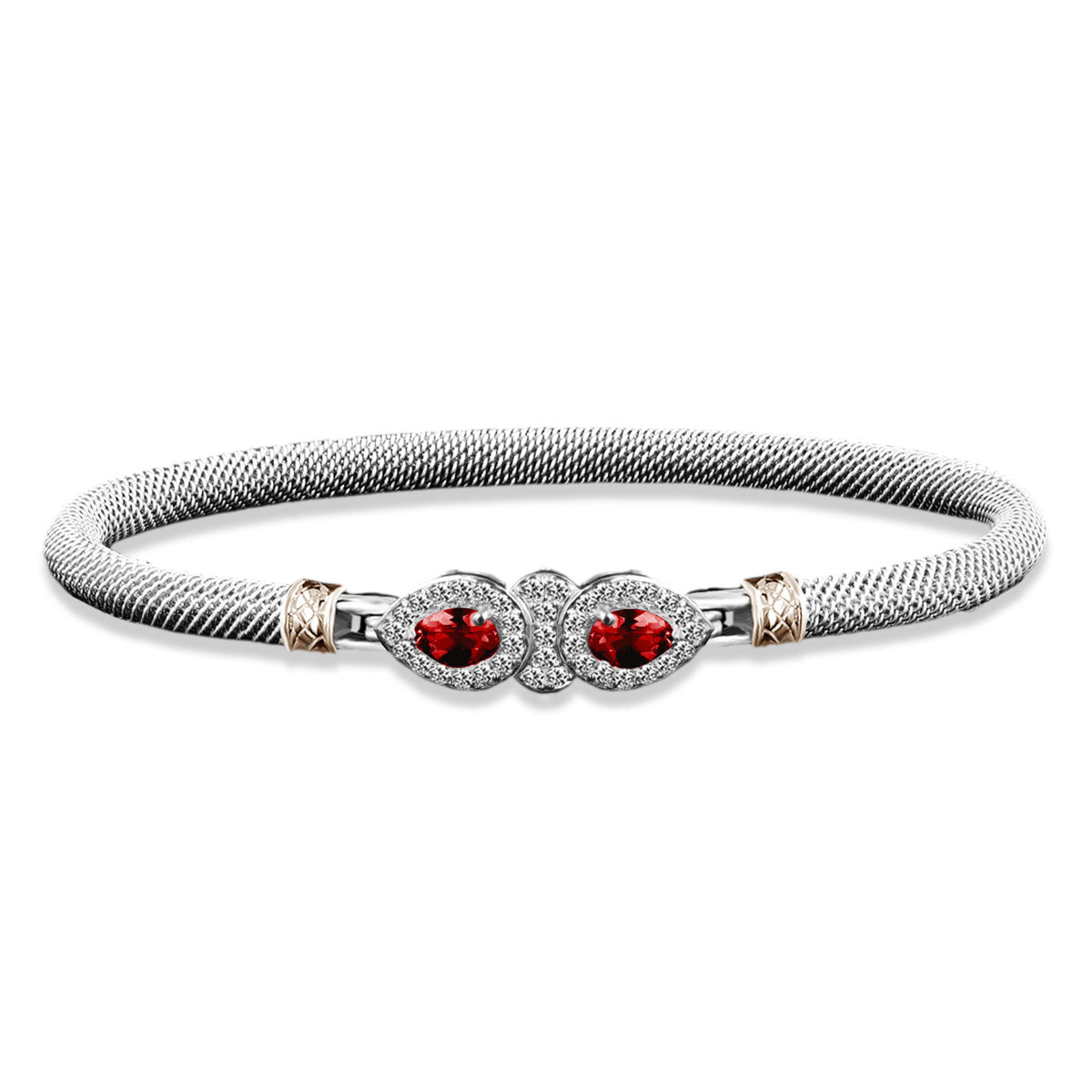Milanese Mesh Two-Tone Cuff Bracelet with Round Cabochon Alexandrite End Caps in Sterling Silver and Yellow Gold