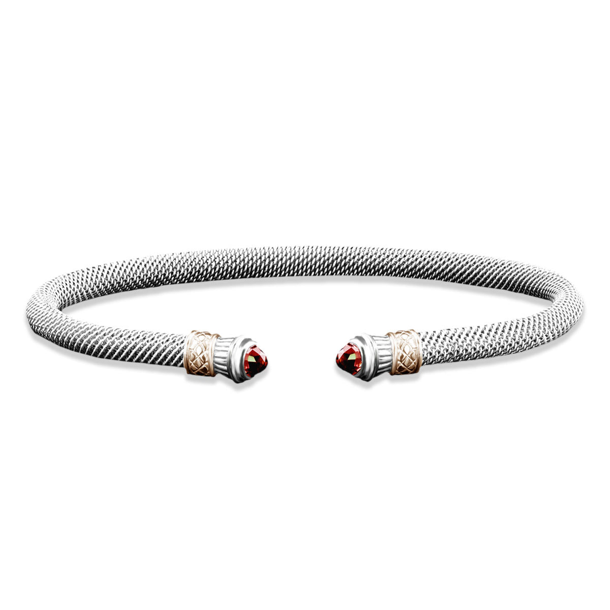 Milanese Mesh Elegante Cuff Bracelet with Round Cabochon Garnet End Caps in Sterling Silver and Yellow Gold