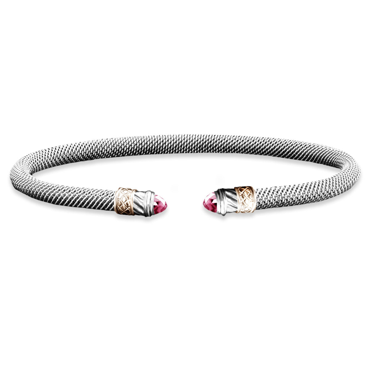 Milanese Mesh Two-Tone Cuff Bracelet with Round Cabochon Pink Sapphire End Caps in Sterling Silver and Yellow Gold