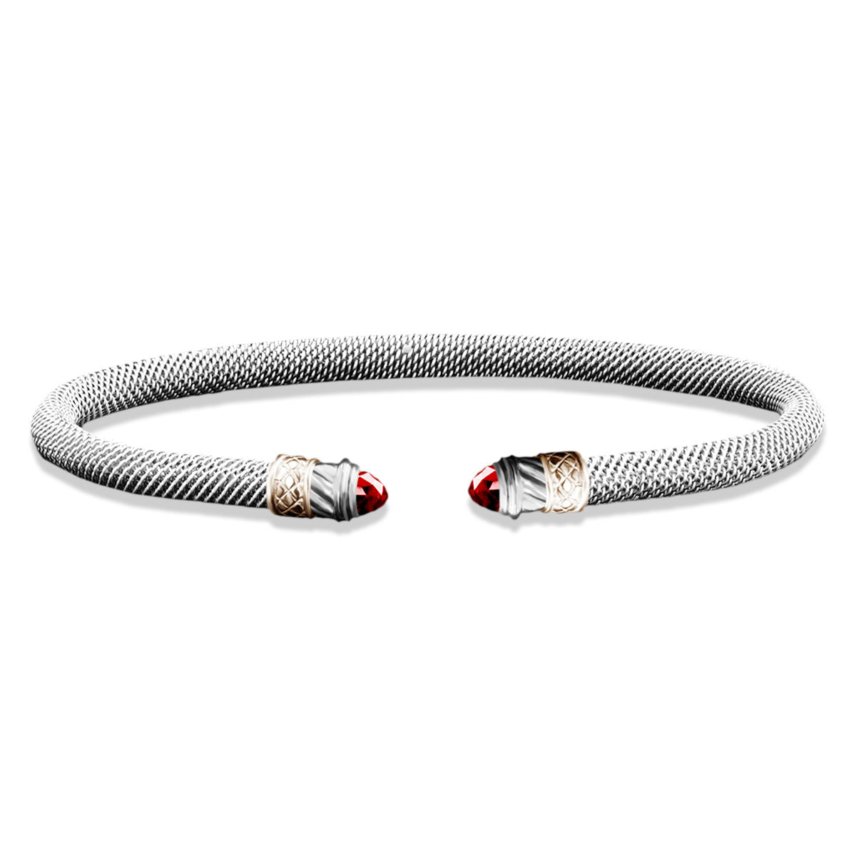 Milanese Mesh Two-Tone Cuff Bracelet with Round Cabochon Ruby End Caps in Sterling Silver and Yellow Gold
