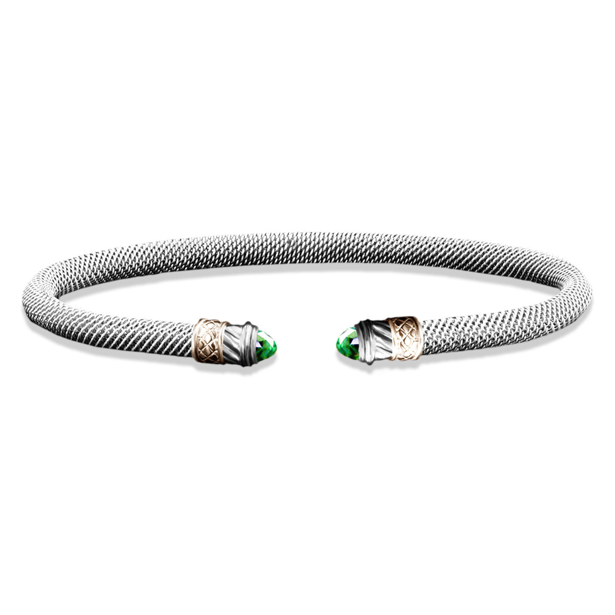 Milanese Mesh Two-Tone Cuff Bracelet with Round Cabochon Peridot End Caps in Sterling Silver and Yellow Gold