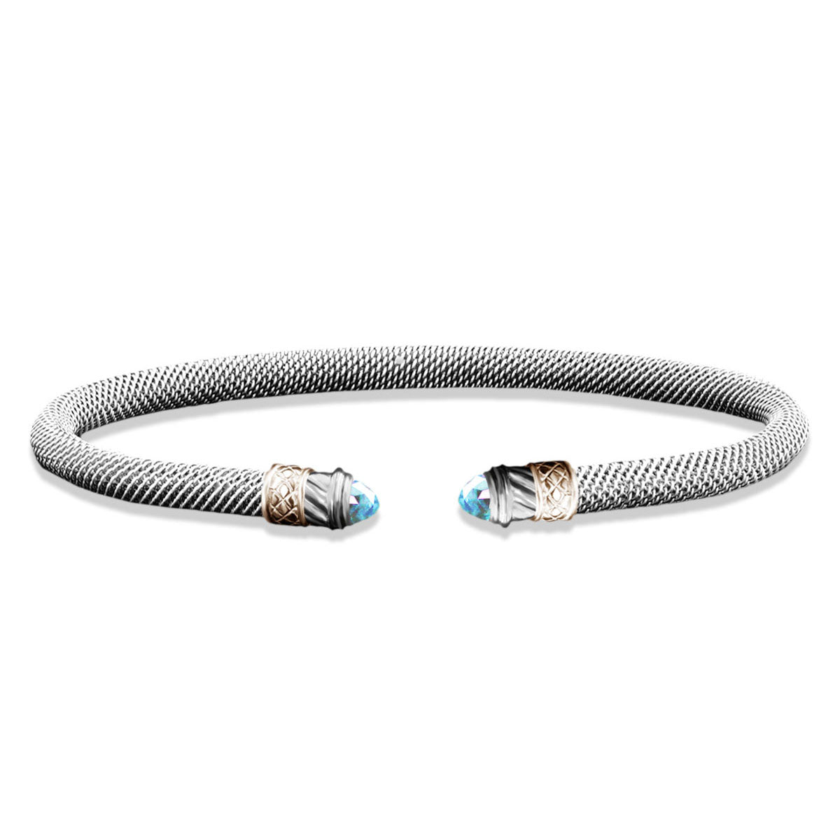 Milanese Mesh Two-Tone Cuff Bracelet with Round Cabochon Sky Blue Topaz End Caps in Sterling Silver and Yellow Gold