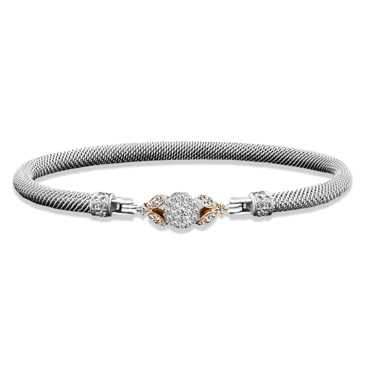 Milanese Mesh Bangle Bracelet with Round Diamond Cluster and Gold Leaf Accents in Sterling Silver and Yellow Gold, 0.57 cttw