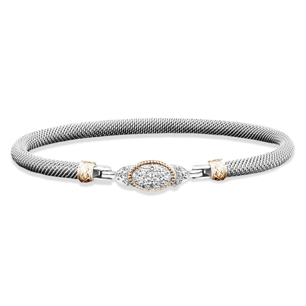 Milanese Mesh Bangle Bracelet with Lab-Grown Diamond Oval Cluster in Sterling Silver and Yellow Gold, 0.4 cttw