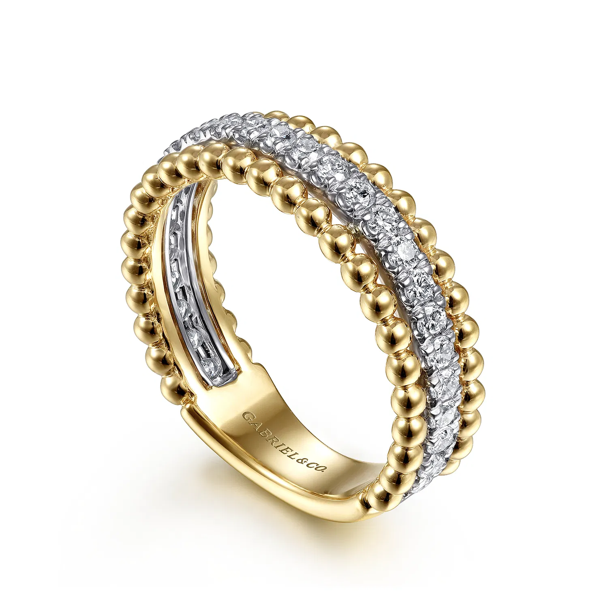 White and Yellow Gold Three Row Diamond and Bujukan Bead Ring