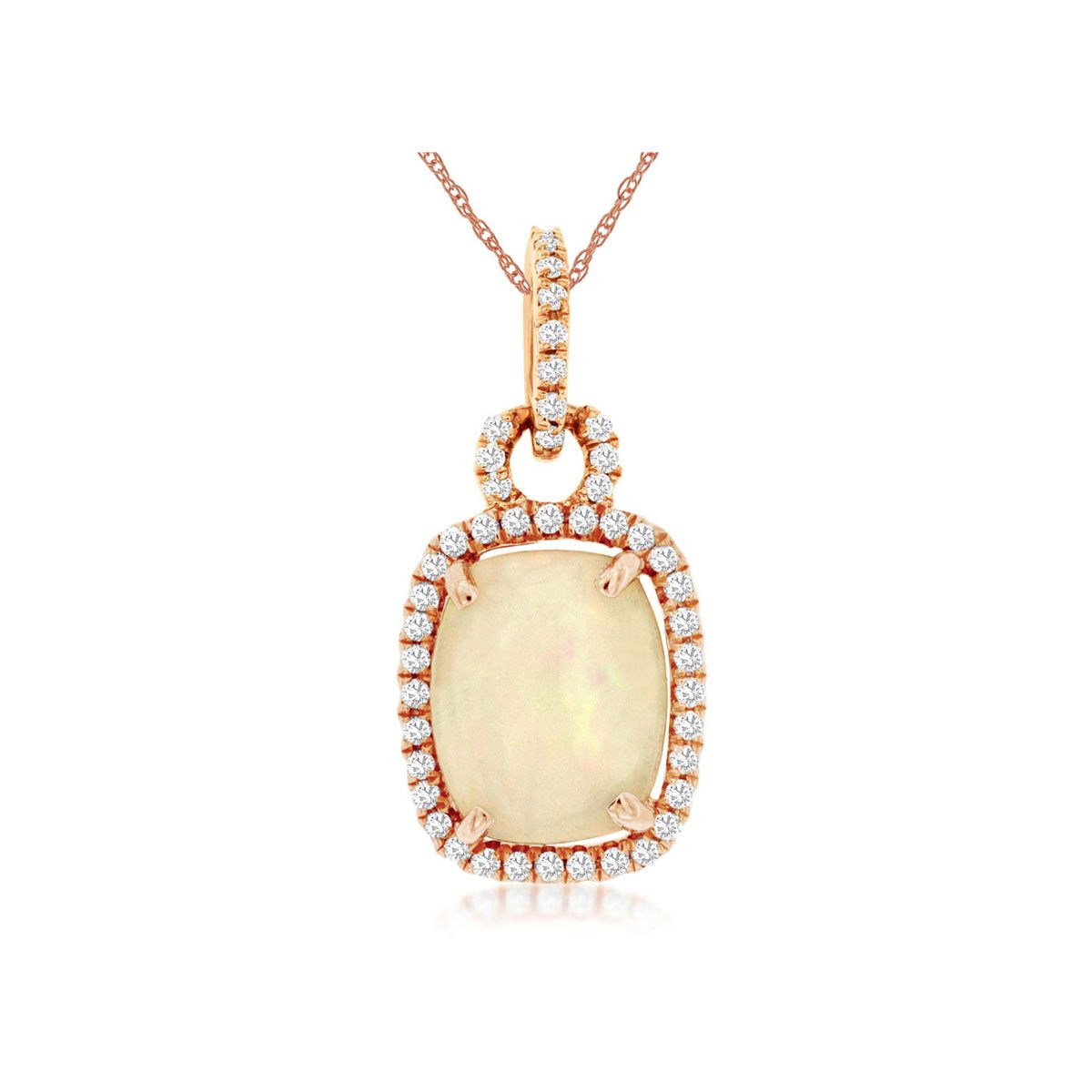 Opal and Diamond Halo Pendant in 14k Pink Gold