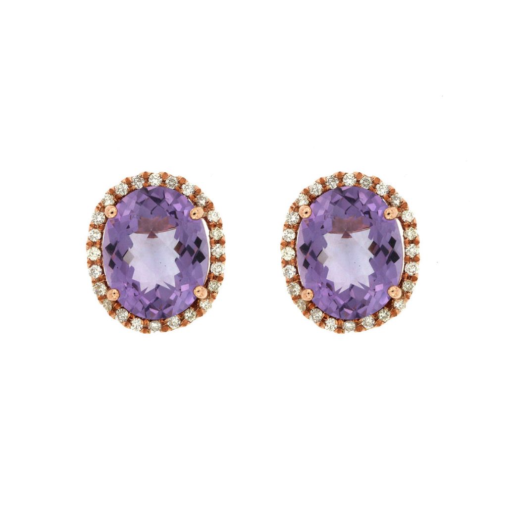 Amethyst and Diamond Halo Earrings in 14k Rose Gold
