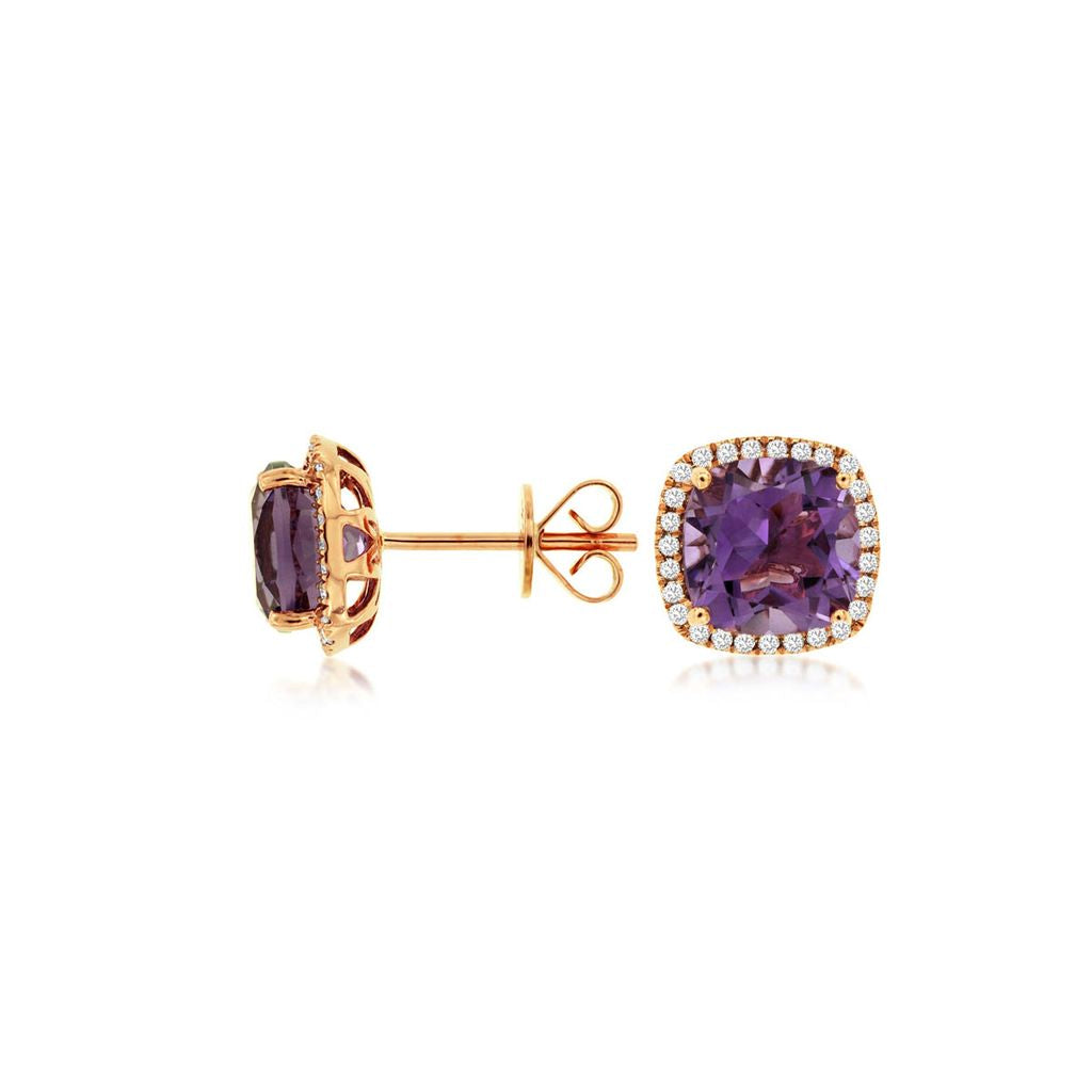 Amethyst and Diamond Halo Stud Earrings in 14k Rose Gold