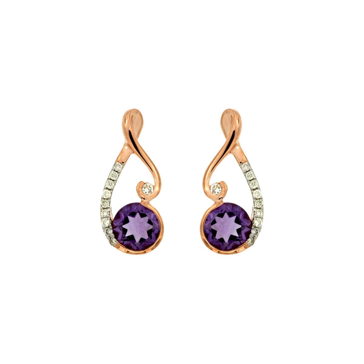 Round Amethyst and Diamond Swirl Earrings in 14k Rose Gold