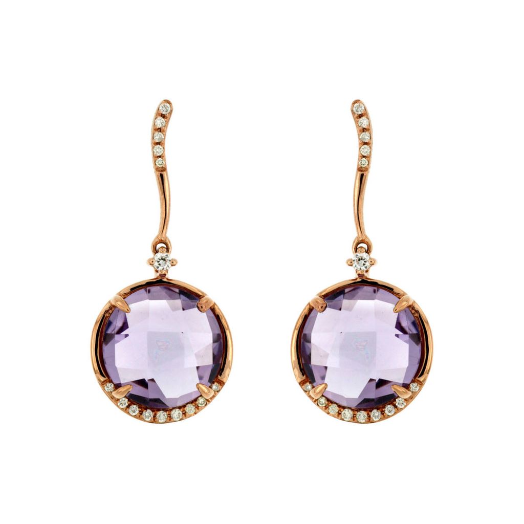 Round Amethyst and Diamond Dangle Earrings in 14k Rose Gold