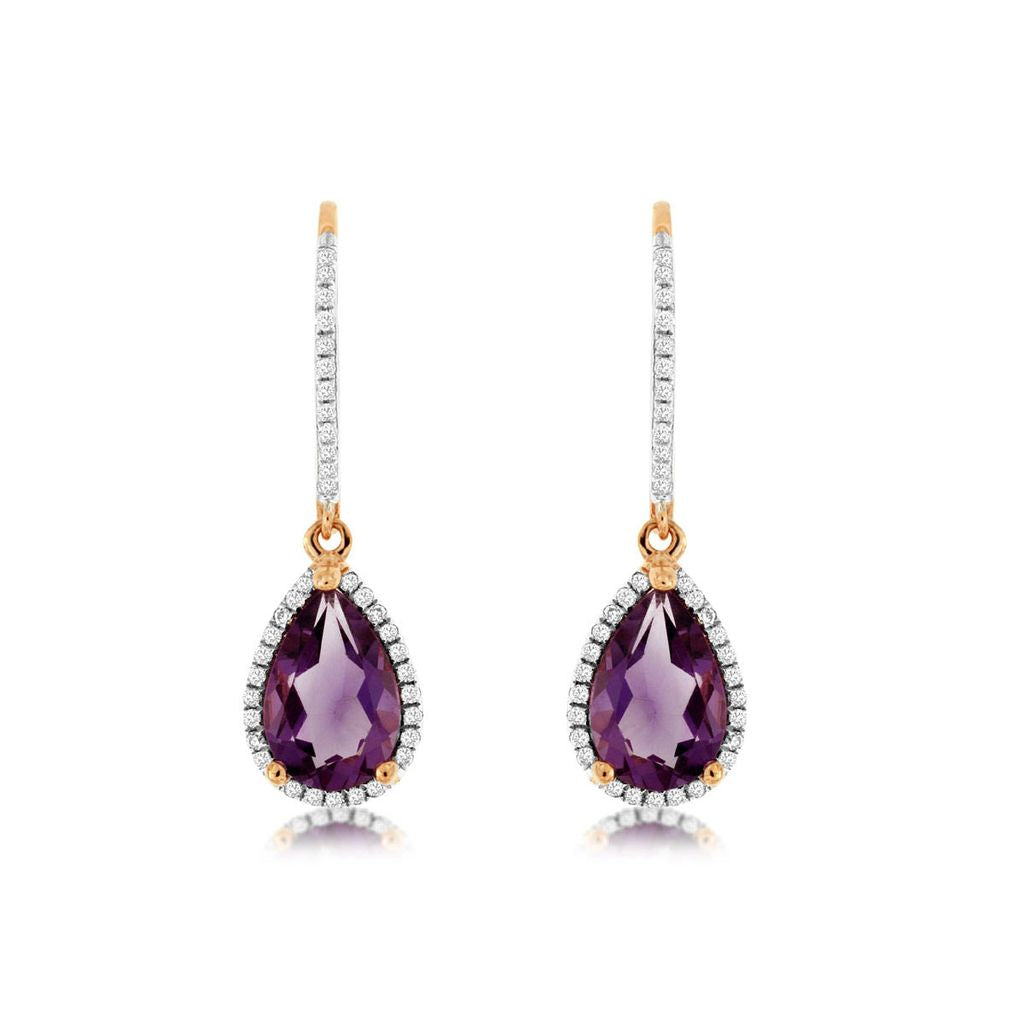 Pear Shaped Amethyst and Diamond Dangle Halo Earrings