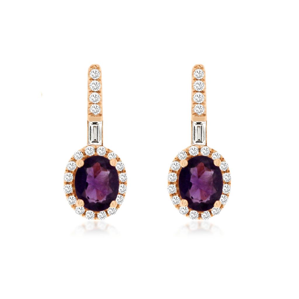 Oval Amethyst and Diamond Halo Earrings, 0.20cttw in 14k Rose Gold
