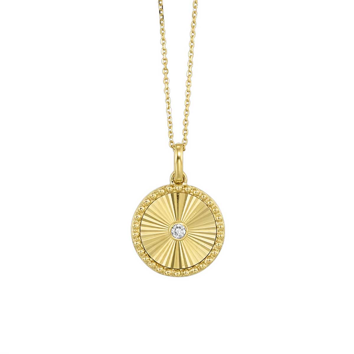 Diamond Circle Beaded Pendant Medallion Necklace in Yellow Gold, 0.05 cttw