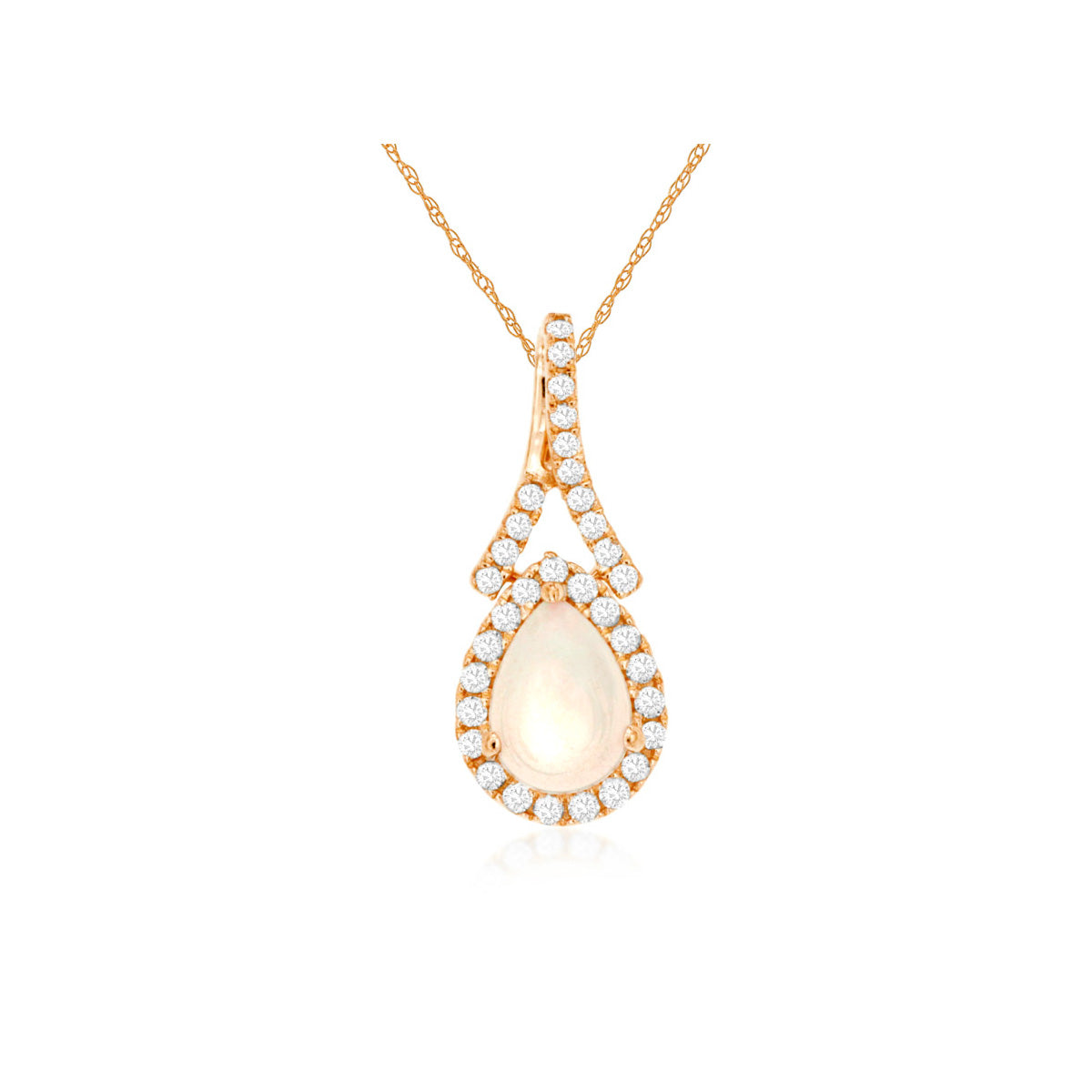 Pear Shaped Cabochon Opal and Diamond Halo Split Bail Pendant Necklace in Rose Gold