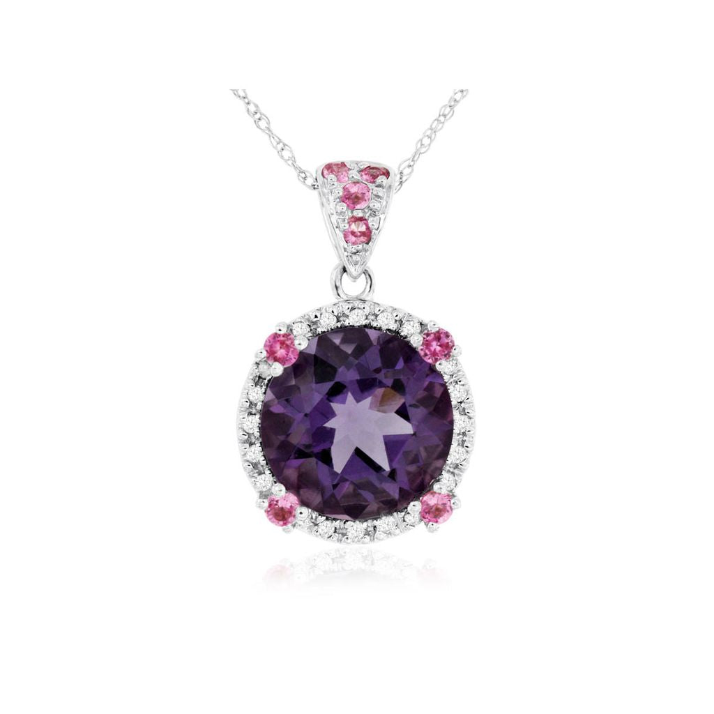 Amethyst, Pink Sapphire and Diamond Halo Pendant