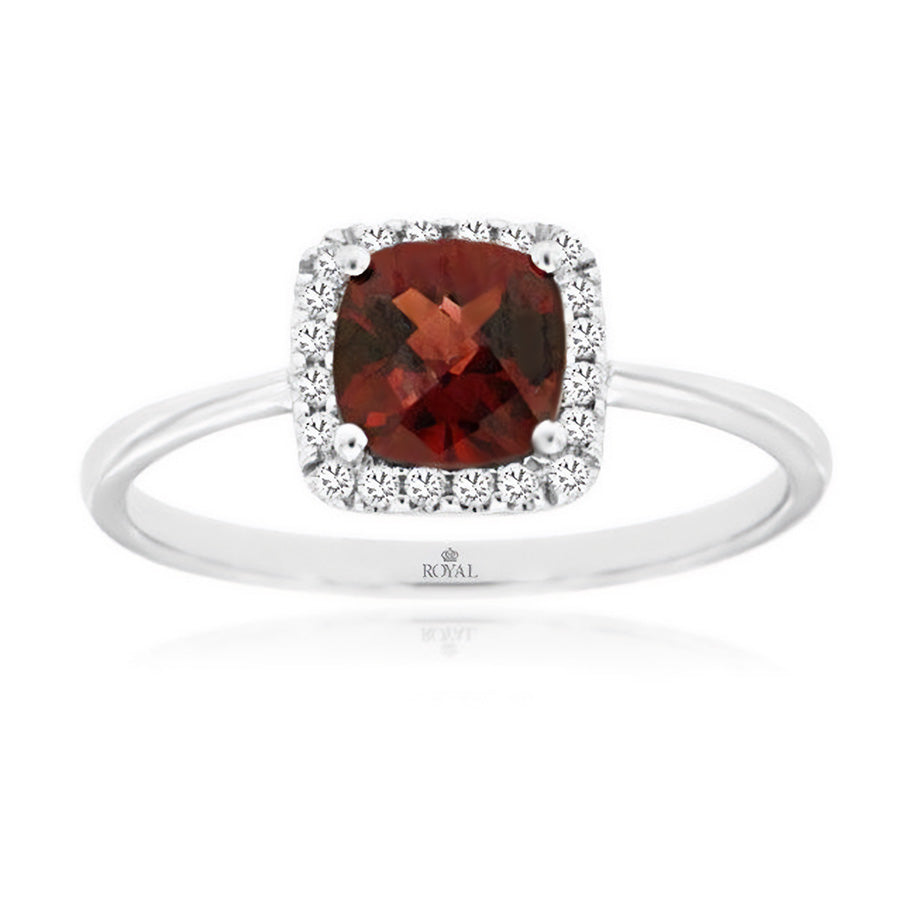 Petite Red Mozambique Checkerboard Garnet Diamond Cushion Halo Ring in White Gold