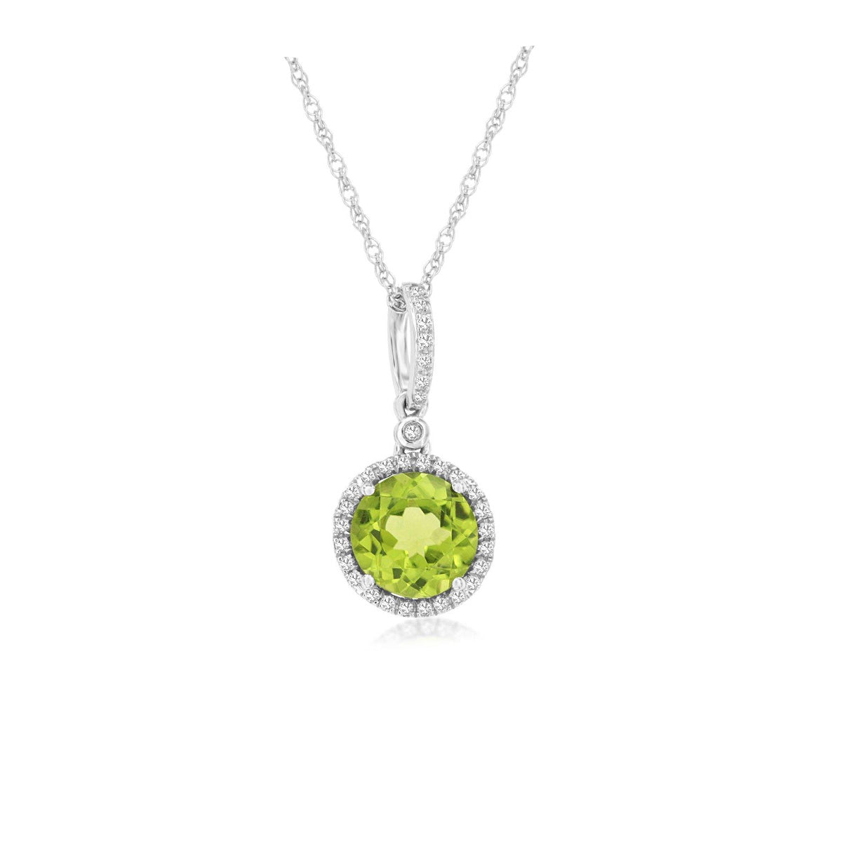 Round Peridot and Diamond Halo Bail Pendant Necklace in White Gold