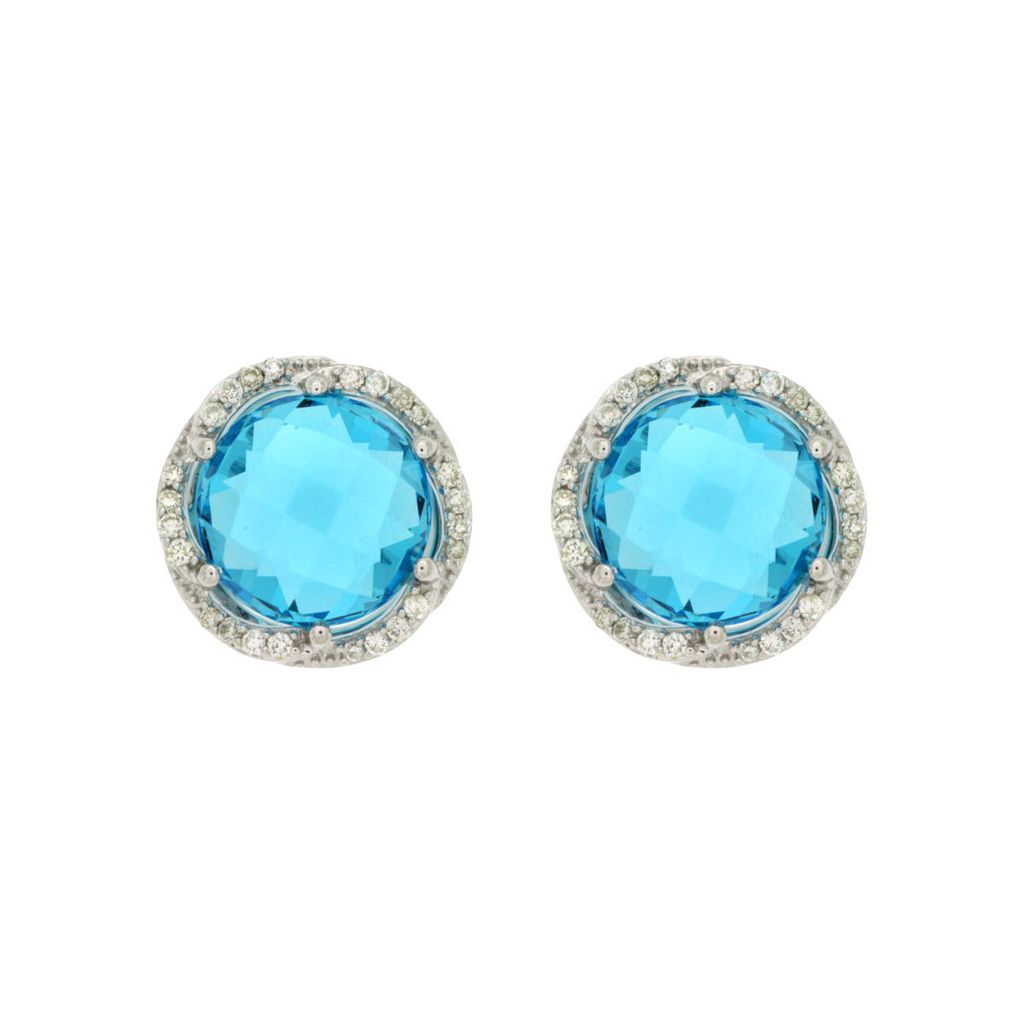 Blue Topaz and Diamond Scallop Halo Stud Earrings