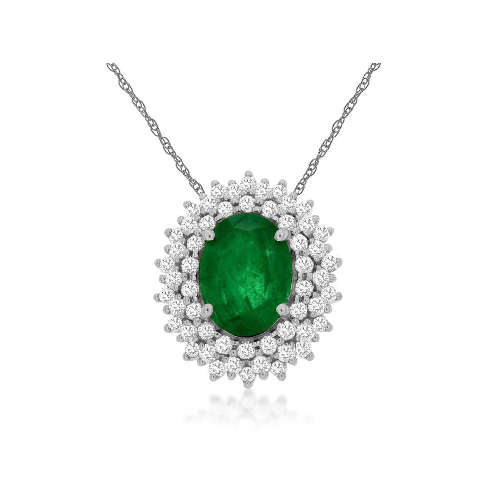 Natural Oval Emerald and Diamond Double Halo Pendant