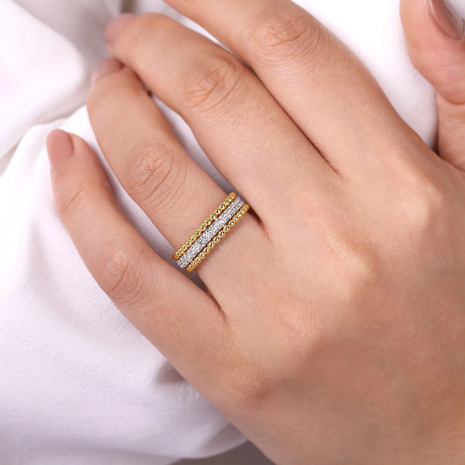 White and Yellow Gold Three Row Diamond and Bujukan Bead Ring