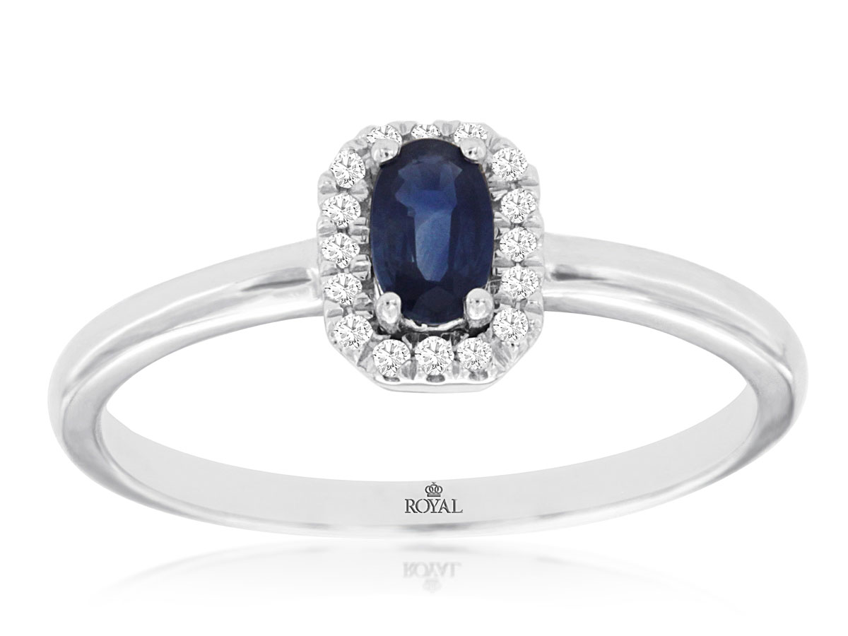 Oval Sapphire and Diamond Halo Engagement Ring in 14k White Gold