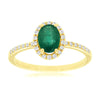 Natural Green Oval Emerald Diamond Halo Pave Band Ring in Yellow Gold