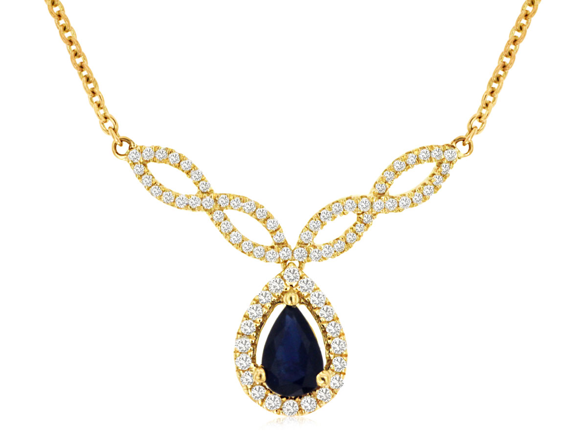 Pear Shaped Blue Sapphire Diamond Halo Marquise Necklace